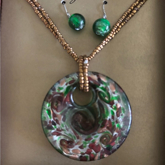 Hand Blown Glass Necklace Earrings Set Circle Multicolor Jewelry Accessory New - Picture 2 of 4